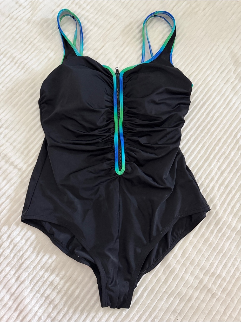 Blue/Green Trim Zipper Tank One-Piece Swimsuit - Picture 2 of 2